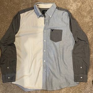 Denim colorblock AE button down